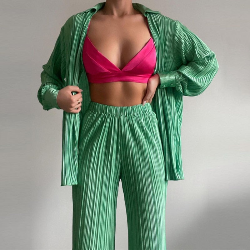 Ladies Shirt Suits Pleated Notched Single-Breasted Female Cardigan Two-Piece Loose Shirts and High-Waist Wide-Leg Pants Sets