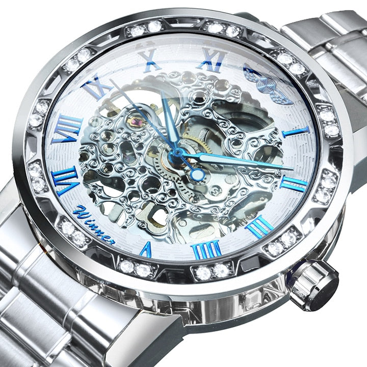 WINNER Transparent Skeleton Watch for Men Mechanical Wristwatches Diamond Watches Mens Luxury Stainless Steel Strap Unisex Clock