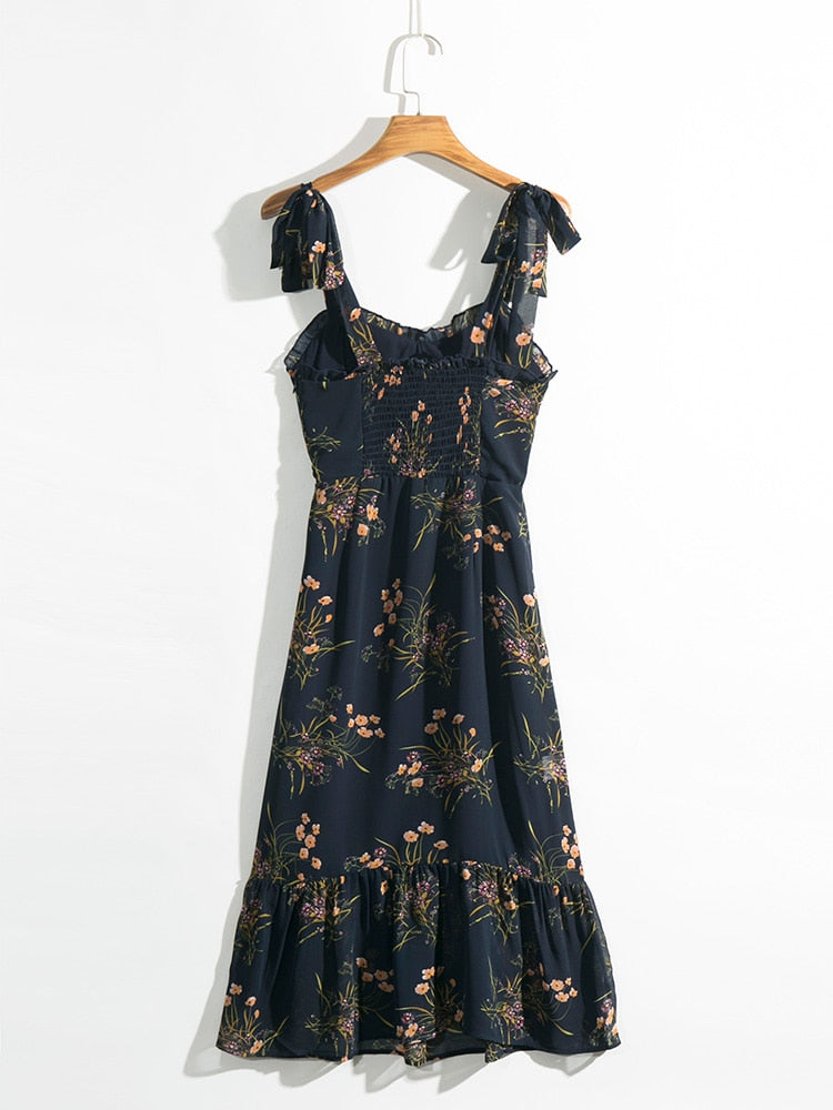 Dresses For Women 2022 Elegant Vintage Floral Dress Frill Sweetheart Neck Sleeveless Strap Tie Ruffle Hem Summer Beach Dress