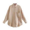 PB&amp;ZASpring 2022 Women&#39;s Versatile Long Sleeve Lapel Front Patch Pockets Side Slit Hem Buttoned Closure Linen Shirt