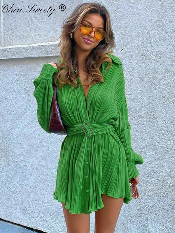Sexy Green Pleated Women&#39;s Mini Dress Skinny Puff Sleeve Lace Up Pleated Hem Dress Female 2022 Summer Lady Party Club Vestidos
