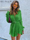 Sexy Green Pleated Women&#39;s Mini Dress Skinny Puff Sleeve Lace Up Pleated Hem Dress Female 2022 Summer Lady Party Club Vestidos
