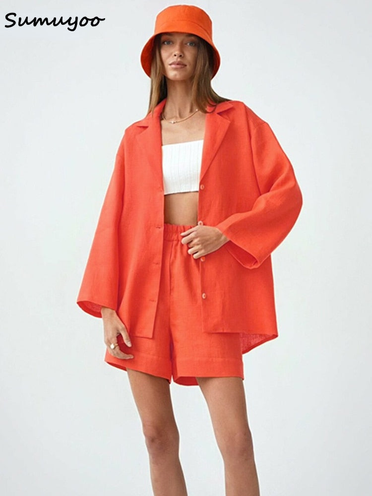 Sumuyoo Summer White 100% Cotton Shorts Suits Women 2022 Long Sleeve Casual Top Sets Wide Leg Shorts Sets 2 Pieces Outfits