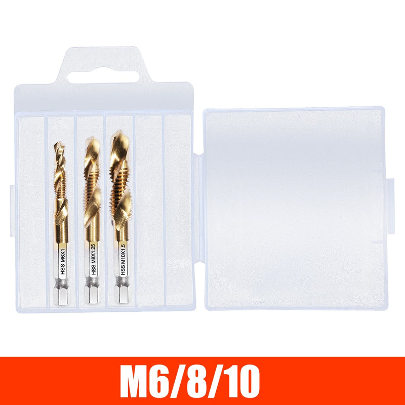 M3 M4 M5 M6 M8 M10 Tap Drill Titanium Plated Hex Shank HSS Screw Machine Compound Hand Tools Metric Thread Tap Drill Bits Set