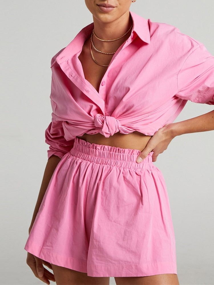 Casual Womem Yellow Lounge Wear Summer Tracksuit Shorts Set Long Sleeve Shirt Tops And Mini Shorts Suit 2021 New Two Piece Set