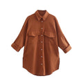 PB&amp;ZASpring 2022 Women&#39;s Versatile Long Sleeve Lapel Front Patch Pockets Side Slit Hem Buttoned Closure Linen Shirt