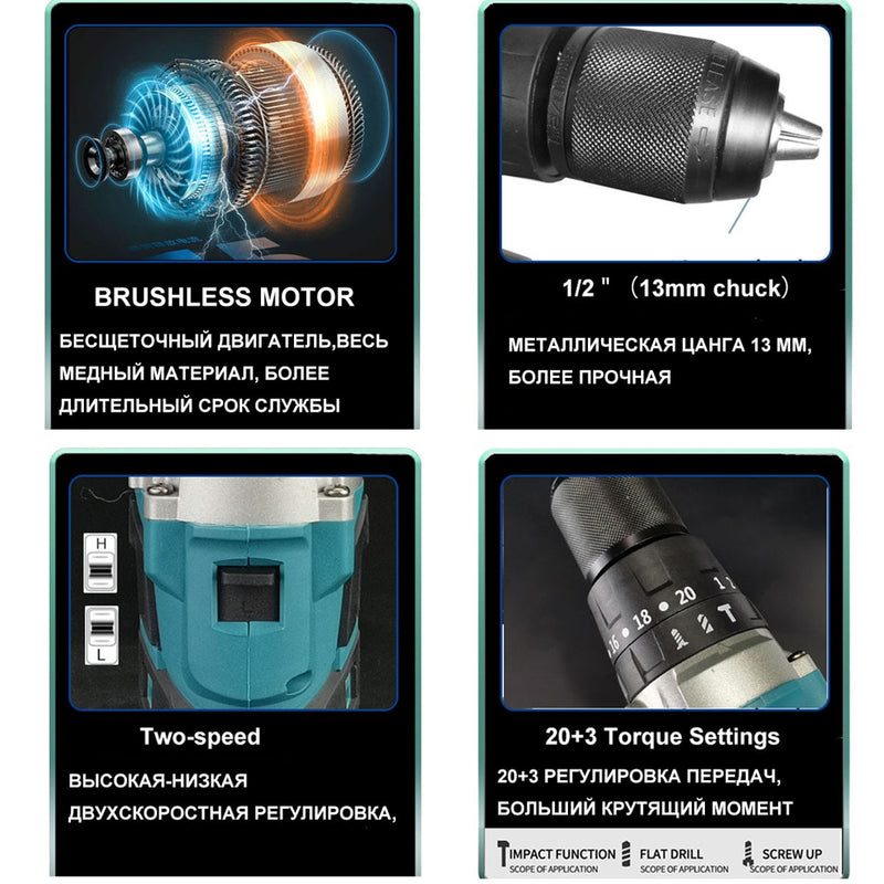21V 13MM Brushless Electric Drill 115N/M 4000mah Battery Cordless Screwdriver With Impact Function Can Drill Ice Power Tools