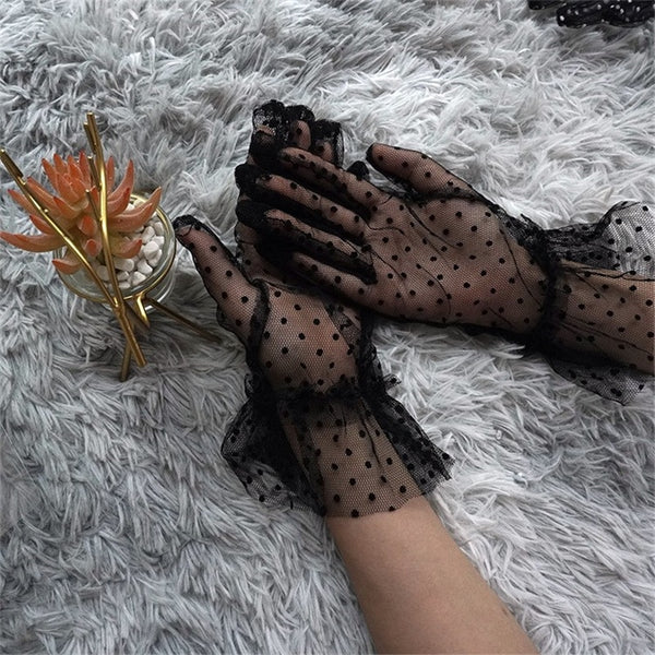 Women&#39;s Sexy Guantes Transparentes Dot Print Black White Mesh Tulle Gloves Female Club Prom Party Dancing Dress Glove