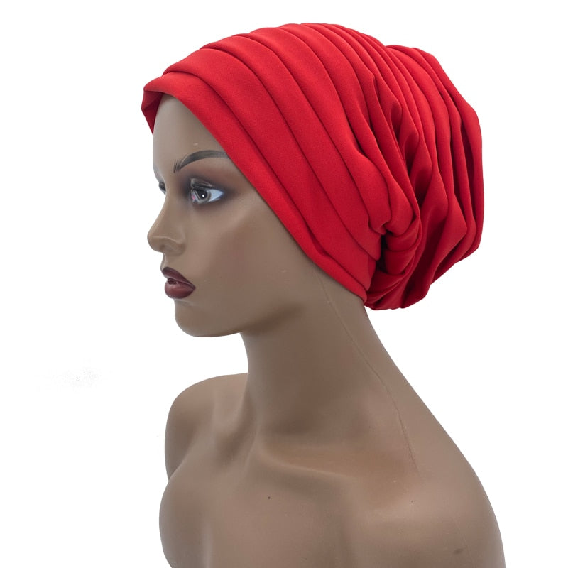 Candy Color Ladies Head Wraps Muslim Hijab Bonnets Fashion Headgear Trending Elastic Full Body Pleated Turban Cap for Women