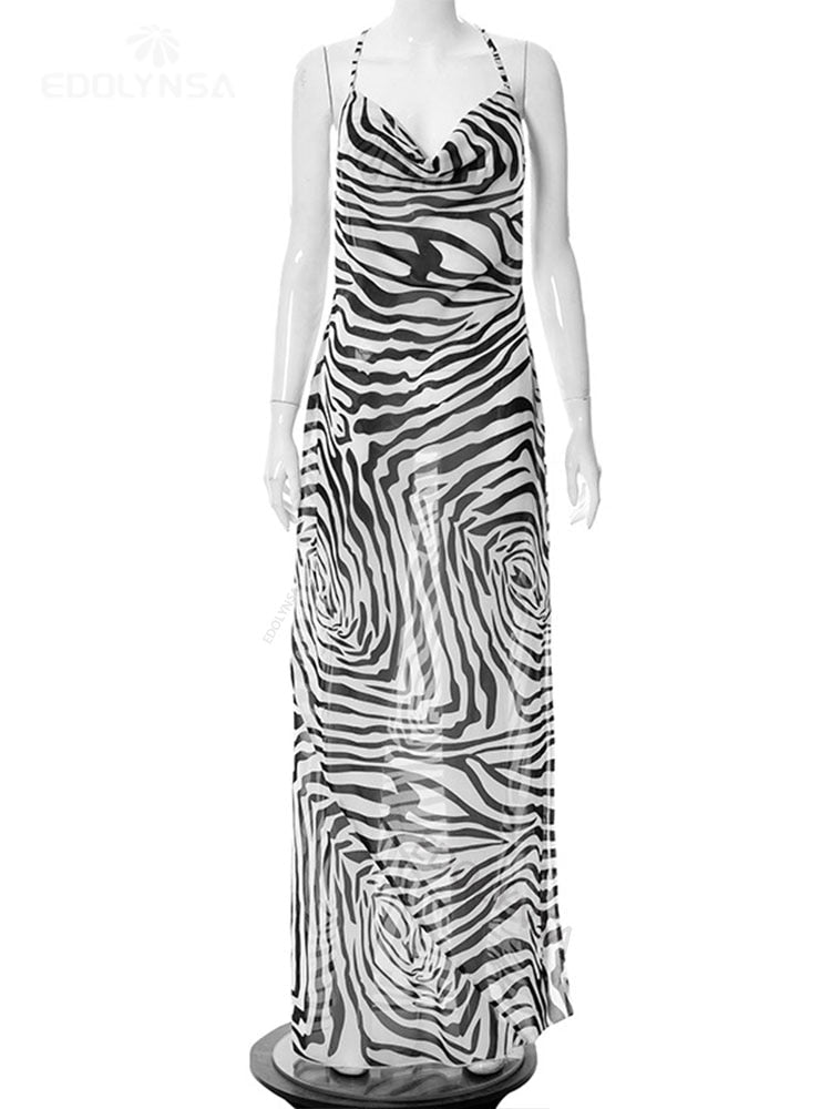 2022 Sexy Spaghetti Strap Side Split Beach Dress Summer Sundress Women Clothes Elegant Zebra Back Open Club Party Dresses A1144