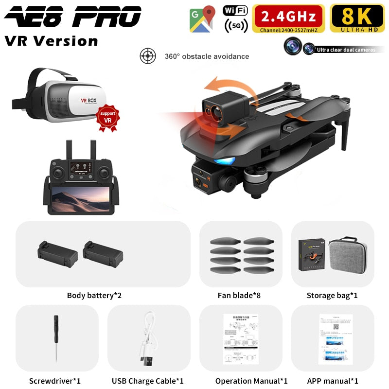 AE8 Pro Max Drone 8k Professional Dual Camera GPS Positioning 360° Obstacle Avoidance Quadcopter Brushless RC airplane toy 249g