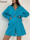 Sampic Women Blue Suit 2022 Casual Loose Long Sleeve Shirt Summer Tops And Mini Shorts Fashion Tracksuit Two Piece Set Outfits