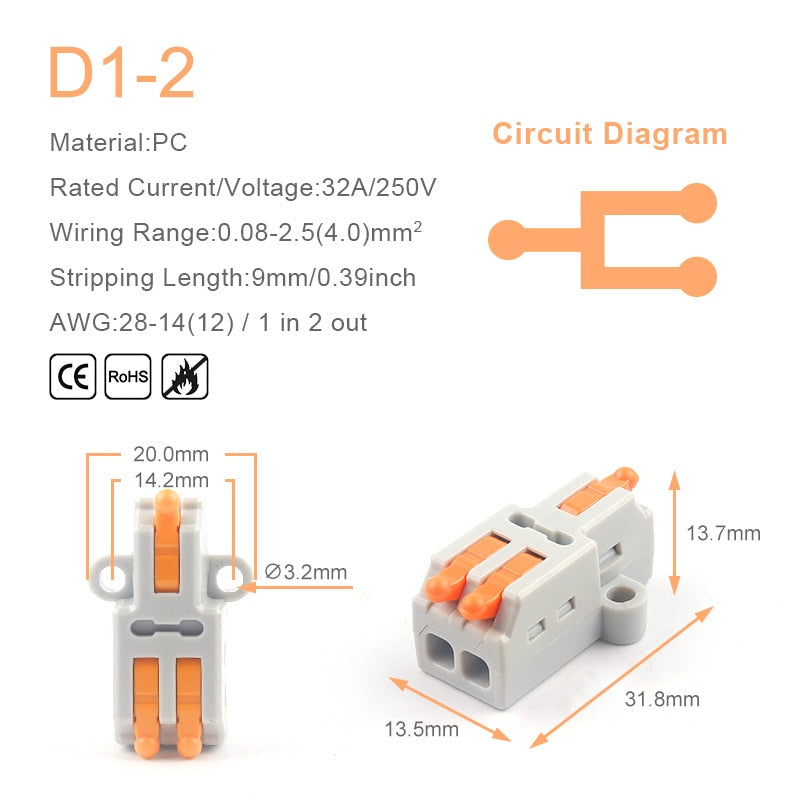 Mini Quick Wire Conductor Connector Universal Compact 2/3 Pin Splicing Push-inTerminal Block 1 in multiple out with fixing Hole