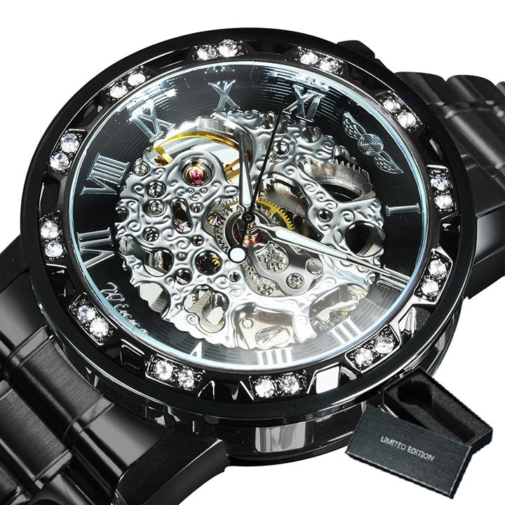 WINNER Transparent Skeleton Watch for Men Mechanical Wristwatches Diamond Watches Mens Luxury Stainless Steel Strap Unisex Clock