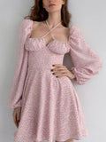 NewAsia Floral Dress Women Lantern Long Sleeve Ruched Print A Line Square Neck Tie up Mini Vestidos Sexy Chic Summer Beach Dress