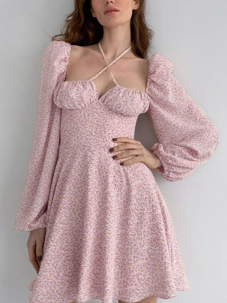 NewAsia Floral Dress Women Lantern Long Sleeve Ruched Print A Line Square Neck Tie up Mini Vestidos Sexy Chic Summer Beach Dress