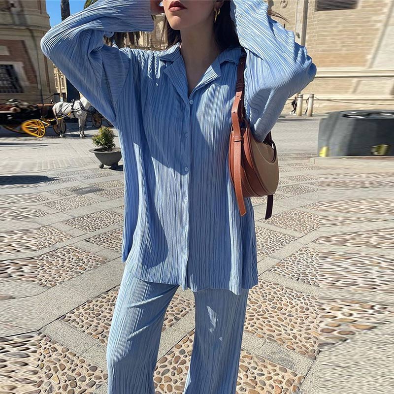 Ladies Shirt Suits Pleated Notched Single-Breasted Female Cardigan Two-Piece Loose Shirts and High-Waist Wide-Leg Pants Sets