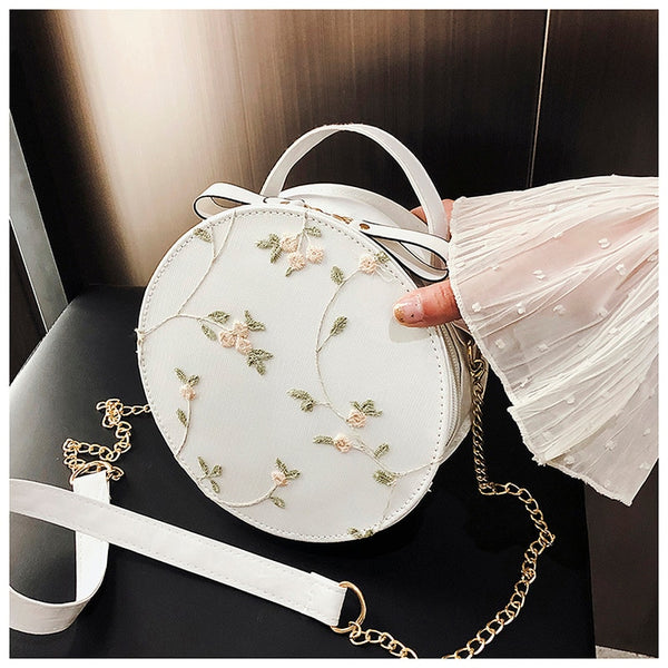 Hot Sale Sweet Lace Round Handbags High Quality PU Leather Women Crossbody Bags for Women 2022 Small Fresh Flower Chain Shoulder