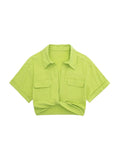 TRAF Women Fashion Front Knot Elastic Linen Cropped Shirts Vintage Short Sleeve Patch Pockets Female Blouses Blusa Chic Tops
