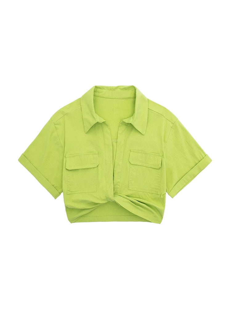 TRAF Women Fashion Front Knot Elastic Linen Cropped Shirts Vintage Short Sleeve Patch Pockets Female Blouses Blusa Chic Tops