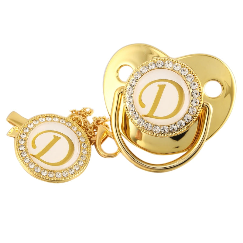 Name Initial Letter Baby Pacifier and Pacifier Clips BPA Free Silicone Infant Nipple Gold Bling Newborn Dummy Soother