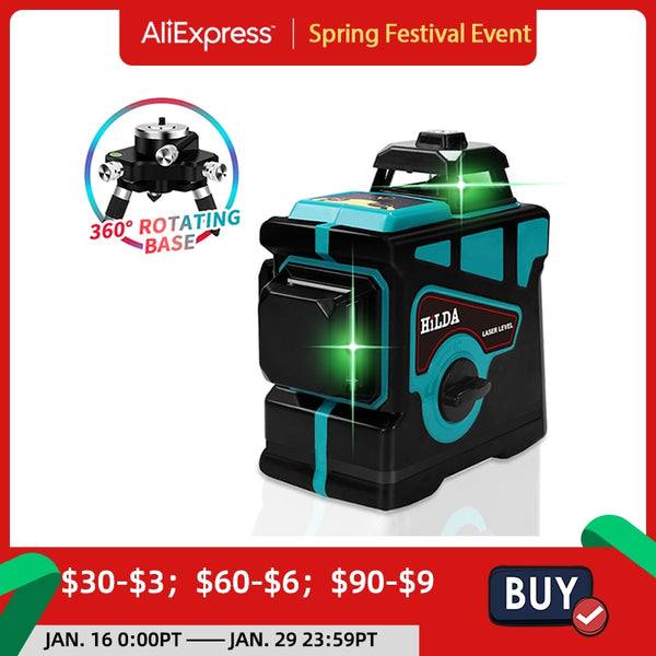 HILDA Laser Level 12 Lines 3D Level Self-Leveling 360 Horizontal And Vertical Cross Super Powerful Green Laser Level
