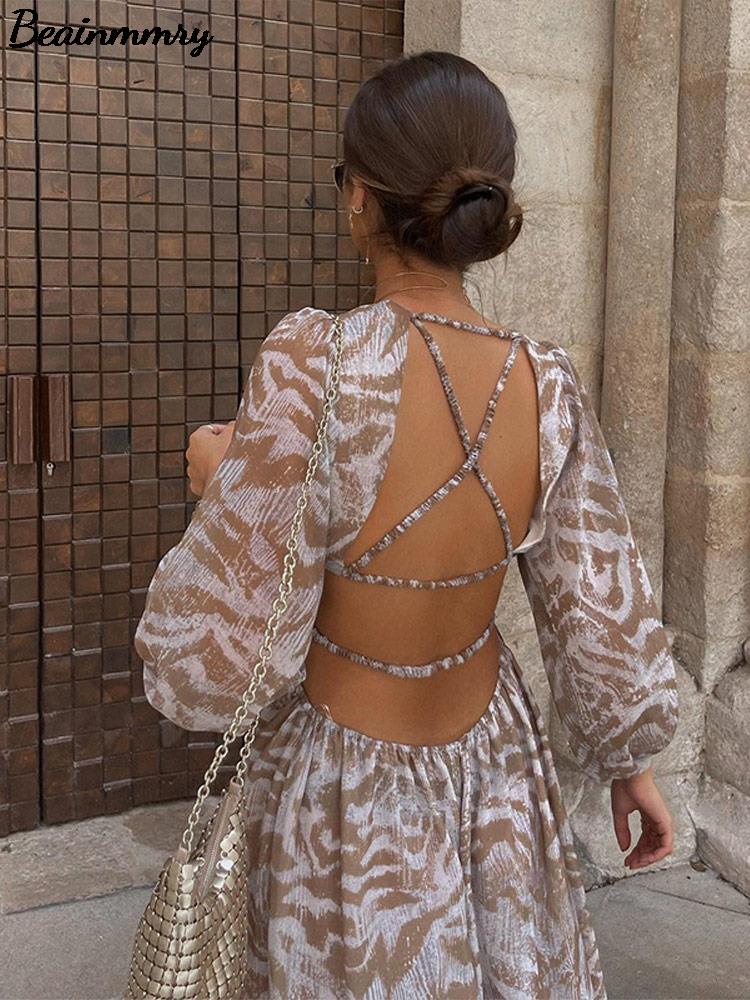 Women Elegant Print Backless Dress 2022 Summer Boho Long Sleeve Floral Hollow Out Dress Casual Loose Beach Vacation Lady Dresses