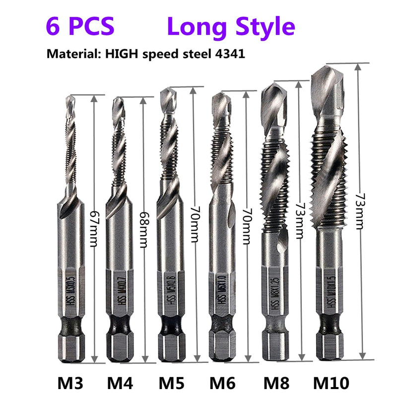 1-6pc M3 M4 M5 M6 M8 M10 Tap Drill Bits 1/4 Hex Shank Machine Hand Taps Titanium Coated HSS Drilling Tap Bits Thread Screw Tools