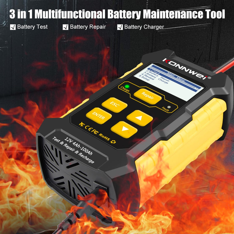 KONNWEI KW510 Car Battery Tester Full Automatic 12V Car Battery Repair Tool Load Cranking Battery Charger Detect Tool PK BM550