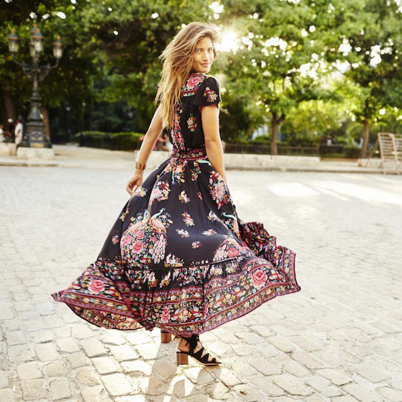 90s Vintage  Boho Fashion Women's Summer V Neck Long Maxi Floral National Chiffon Dress Party Beach Dress Flower Sundress Y2k