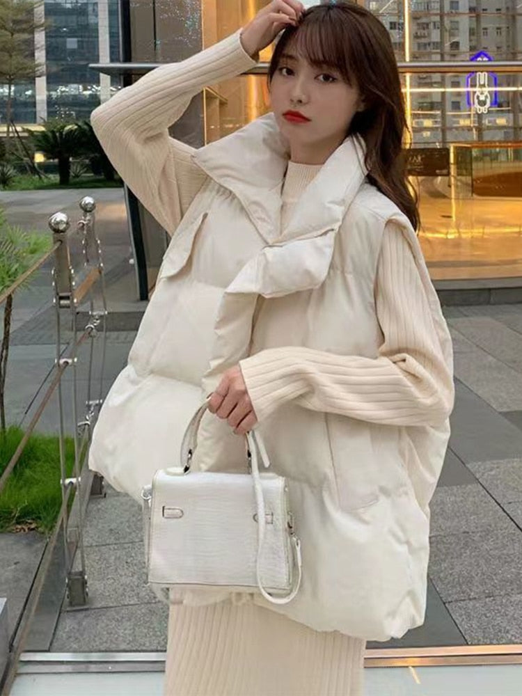 Women Thick Down Cotton Vest Winter Autumn Solid Puffer Waistcoat for Female Stand Collar Loose Sleeveless Vest Jacket Coat