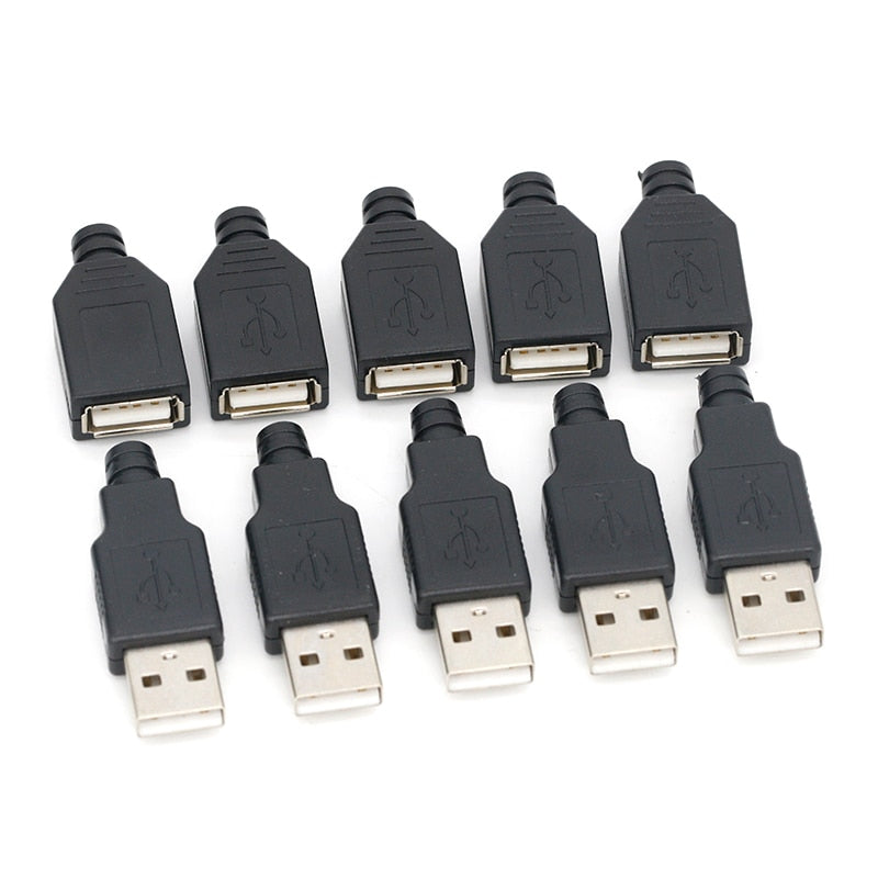 10pcs Type A Male Female USB 4 Pin Plug Socket Connector With Black Plastic Cover Type-A DIY Kits