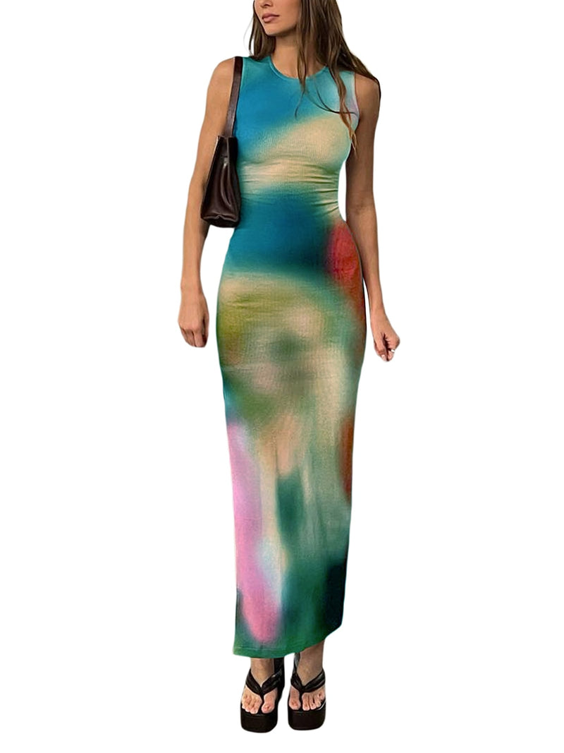 Sleeveless Backless Maxi Dress Women 2022 Summer Bodycon Elegant Sexy Tie Dye Outfits Ladies Birthday Party Club Sundress