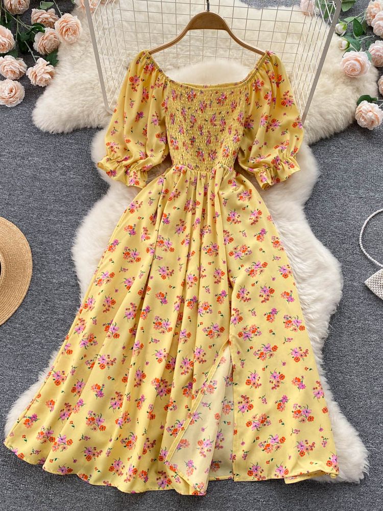YuooMuoo Limited Big Sale Women Dress Fashion Romantic Floral Print Split Long Summer Dress Puff Sleeve Party Korean Vestidos