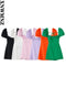 XNWMNZ women white fashion linen blend dress female square neck short puff sleeves backless crossover straps dress for women's