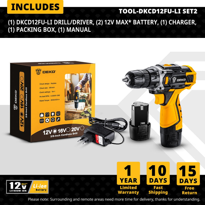 DEKO DKCD Series Compact Cordless Drill Electric Screwdriver Rechargeable Driver DC Lithium-Ion Battery Charged Power Tools