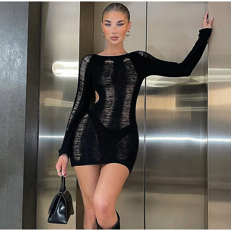 Tassel Cut Out Long Sleeve Dress Women Y2K Mini Backless Bodycon Female Dresses 2022 Summer Sexy Party Club Ladies Vestidos