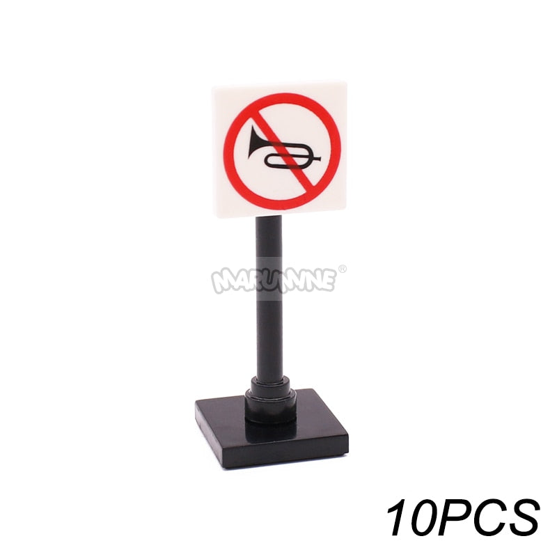 Marumine Traffic Road Sign Light Lamp Block Brick City Street View Accessories Signpost Barrier Speed Limit Indicator Warning