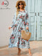 Women Elegant Floral Printed Long Dresses Spring Summer Casual O Neck Long Sleeve Ladies Chic High Waist A Line Beach Dresses