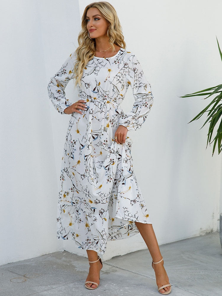 Women Elegant Floral Printed Long Dresses Spring Summer Casual O Neck Long Sleeve Ladies Chic High Waist A Line Beach Dresses