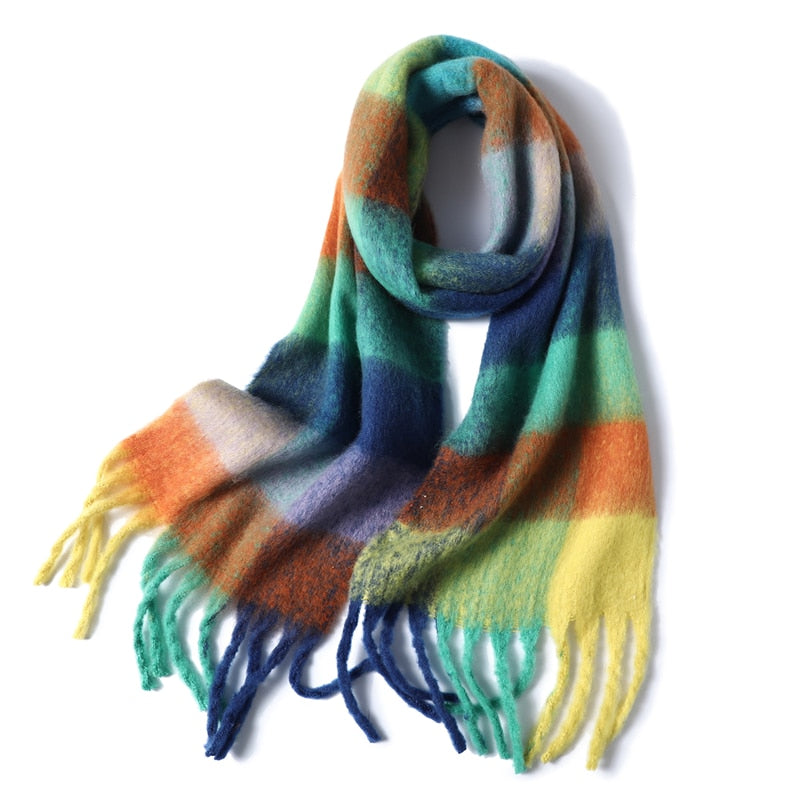2022 New Women Plaid Scarf Winter Pashmina Shawls Cashmere Thick Wraps Lady Tassel Warm Scarves Rainbow Hairy Bufanda