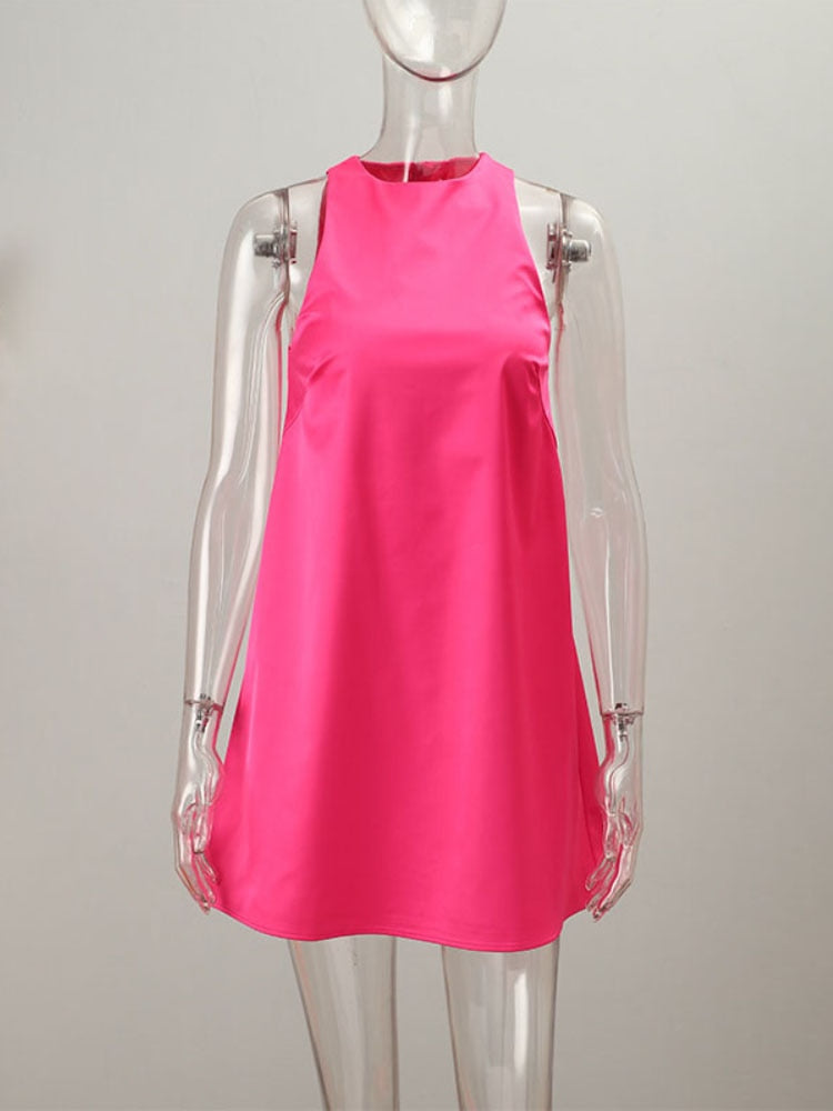 2022 Summer Women Stain Vest Dress Solid O-neck Sleeveless Party Club Mini Dress Large Swing Casual Loose Sundress Vestidos