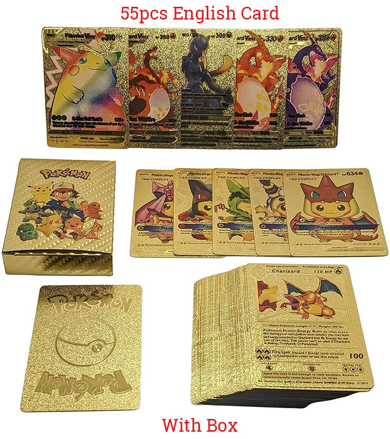 New Pokemon Cards Metal Gold Silver Vmax GX Card Box Charizard Pikachu Rare Collection Battle Trainer Card Children Toys Gift