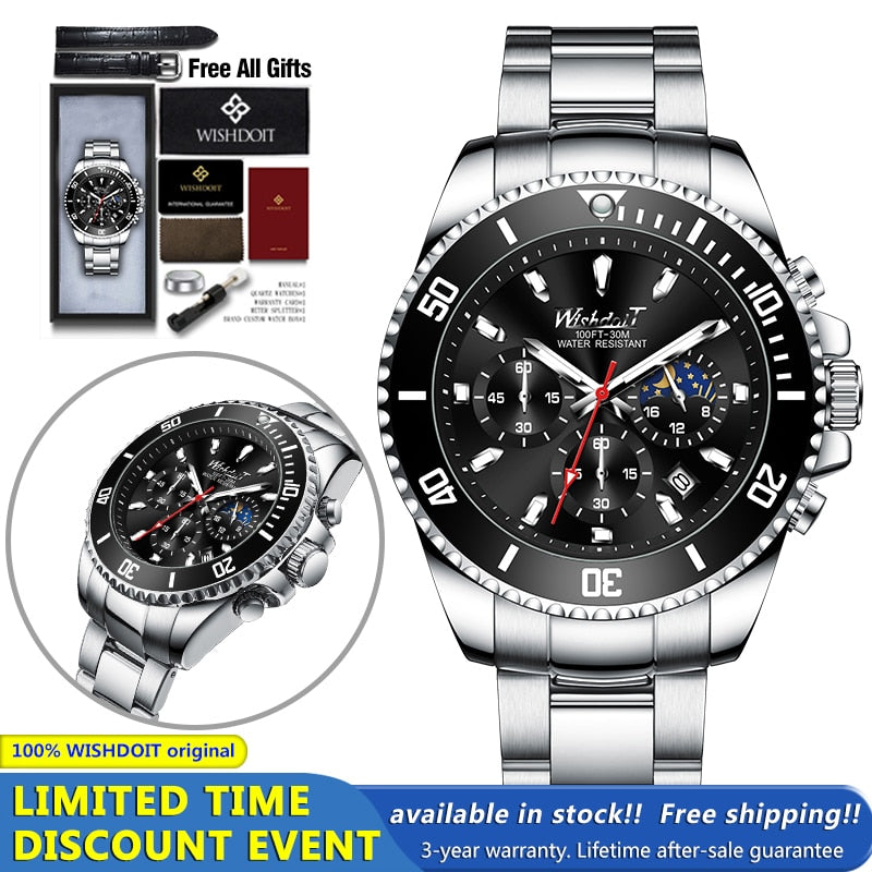 100%Original WISHDOIT Watch for Men TOP Brand Waterproof Sports Stainless Steel Chronograph 2021New Fashion Luxury Wristwatches