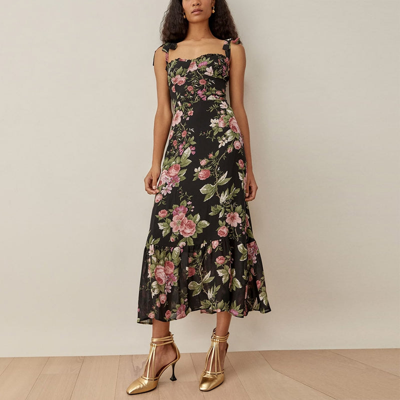 Dresses For Women 2022 Elegant Vintage Floral Dress Frill Sweetheart Neck Sleeveless Strap Tie Ruffle Hem Summer Beach Dress