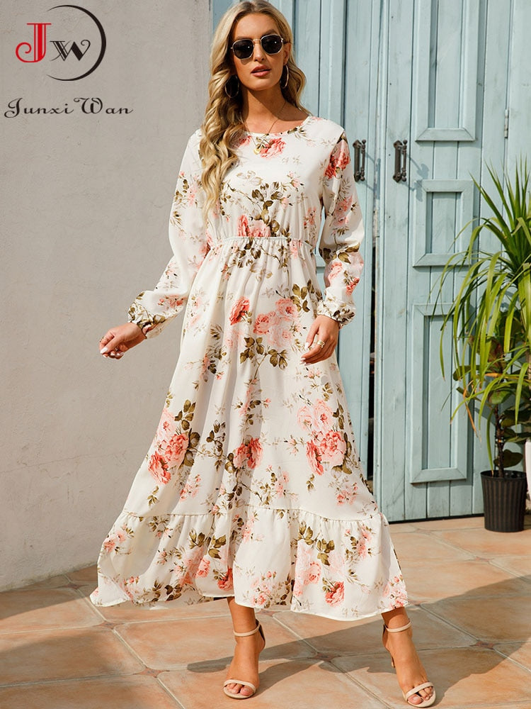Women Elegant Floral Printed Long Dresses Spring Summer Casual O Neck Long Sleeve Ladies Chic High Waist A Line Beach Dresses