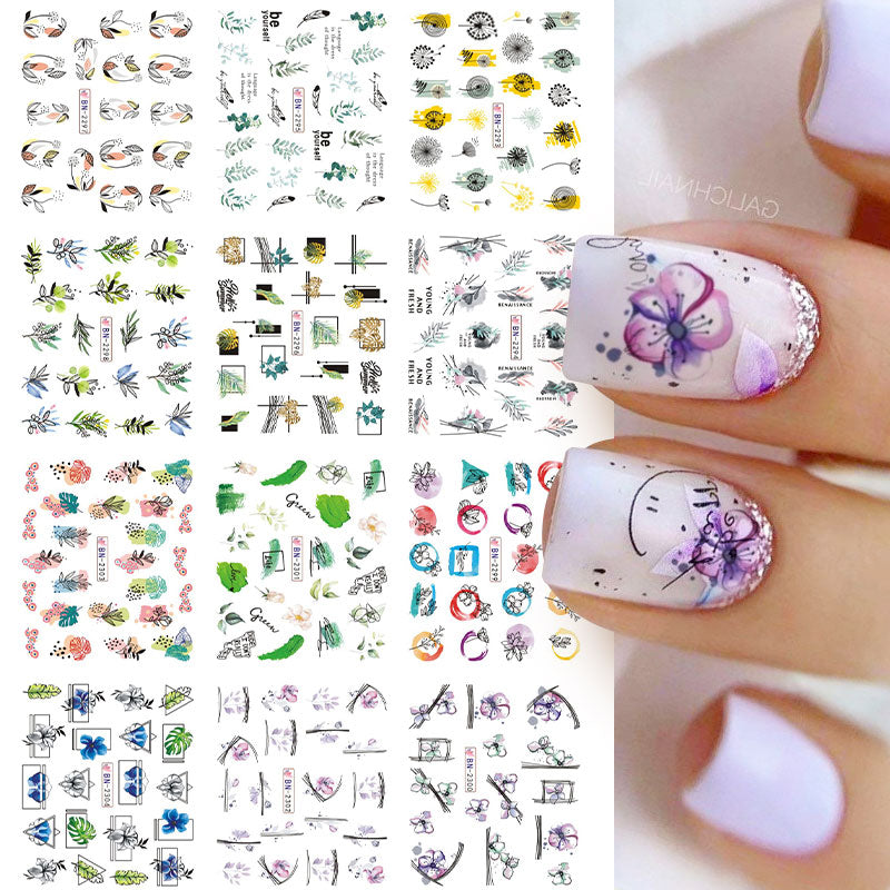 12 Designs Nail Stickers Set Mixed Floral Geometric Nail Art Water Transfer Decals Sliders Flower Leaves Manicures Decoration