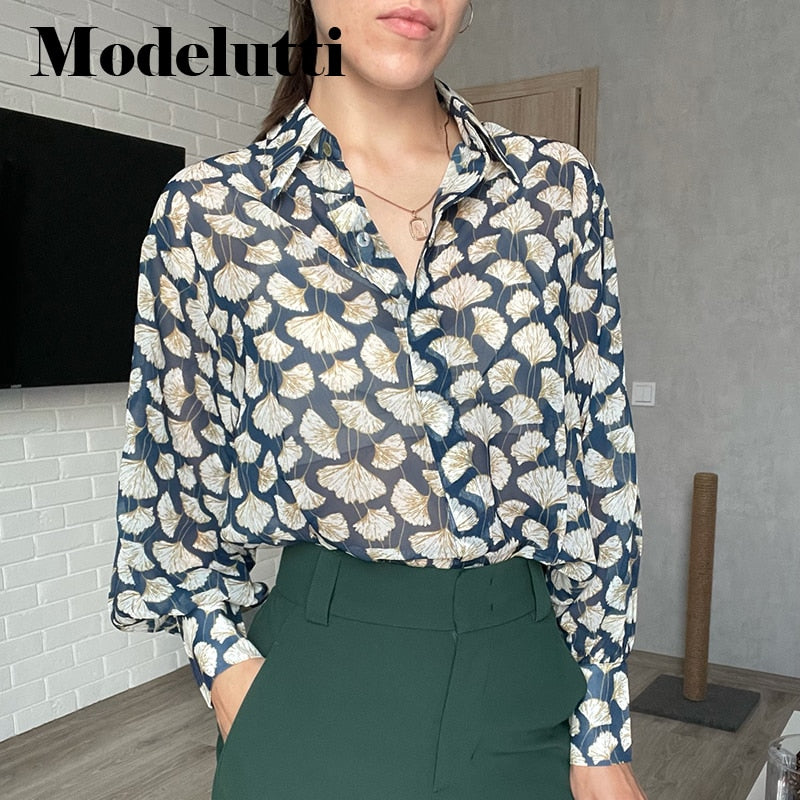 Modelutti Autumn Blouse Women England Style Cozy Fashion Elegant Leaf Printing Loose Silk Loose Blusas Mujer De Moda Shirt Tops