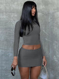Hugcitar Letter Print Solid Turtleneck Short Sleeves Crop Top Skirts 2 Pcs Set Sexy Slim Summer Fashion Outfit Streetwear Sports