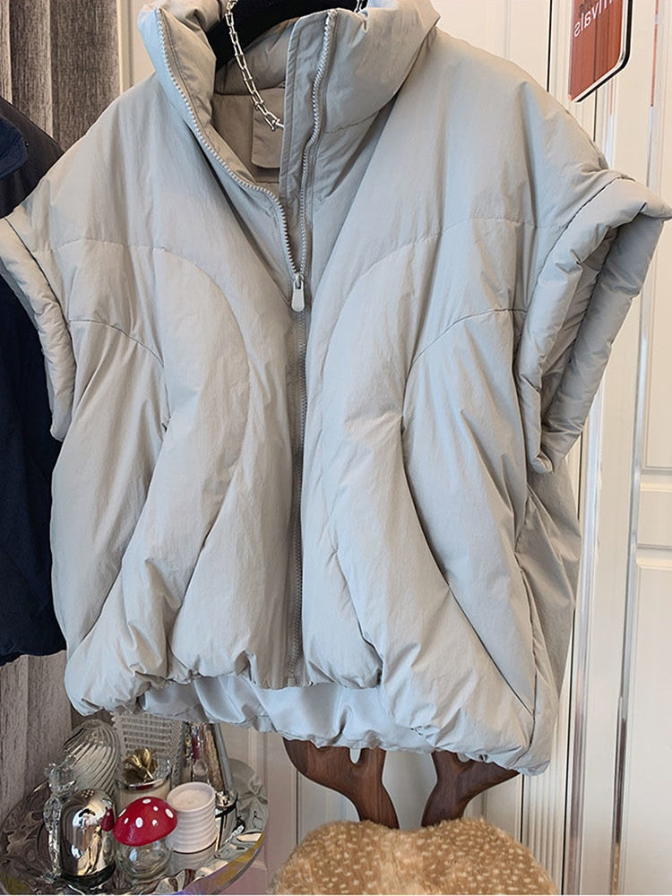 Womens Puffy Vest Down Vest Black Pu Leather Vest Woman Jacket Coat Autumn Winter Outwear Puffer Vest Female  Sleeveless Jacket